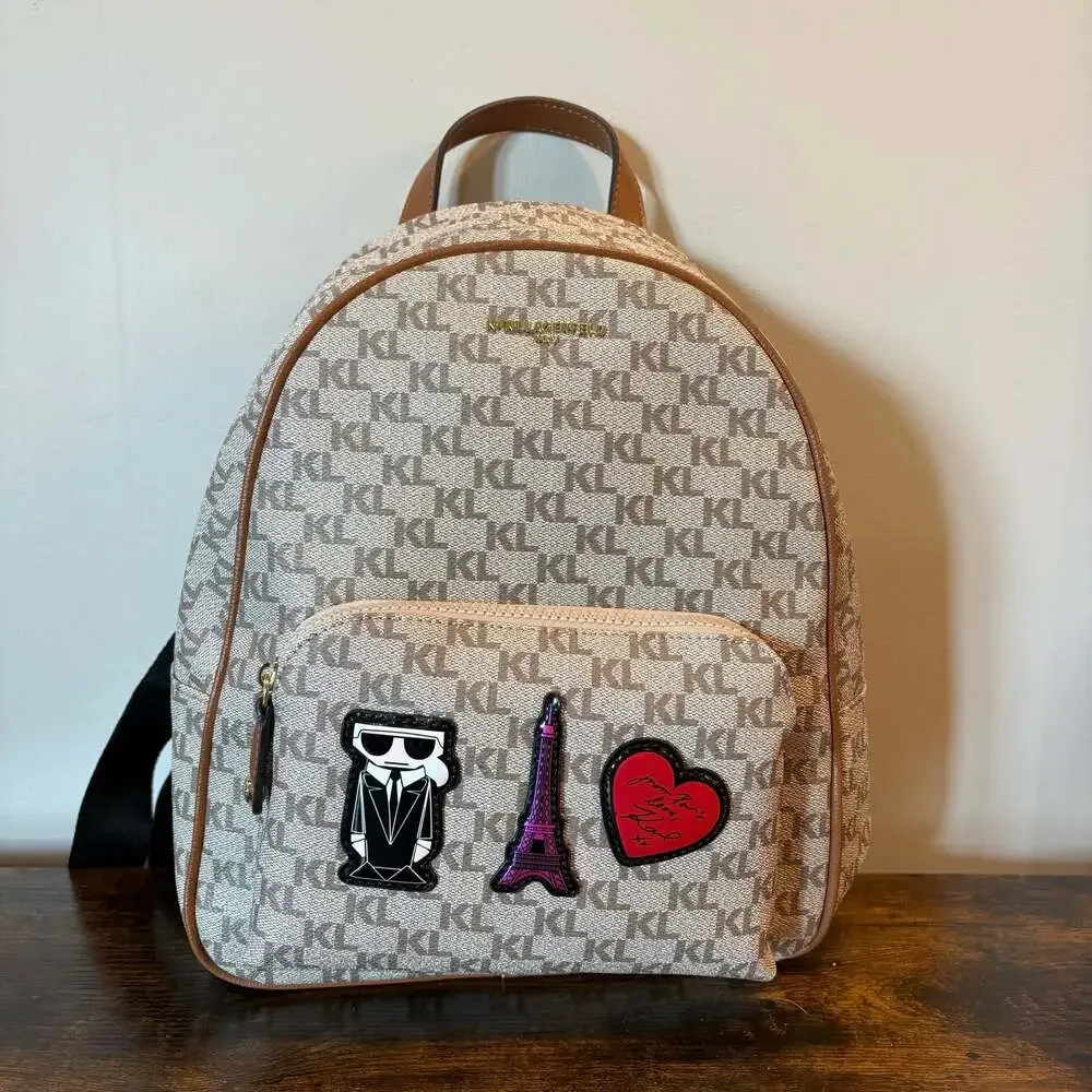 NWT Karl Lagerfeld Paris Khloe Monogram Patch Backpack Beige Brown